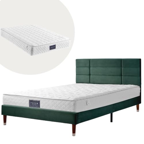 LUNEX HOME Bett aus Massivholz und Leinen, 140 x 200 cm, mit Lattenrost, Plattform für großes Bett (Matratze inklusive, Grün) von LUNEX HOME
