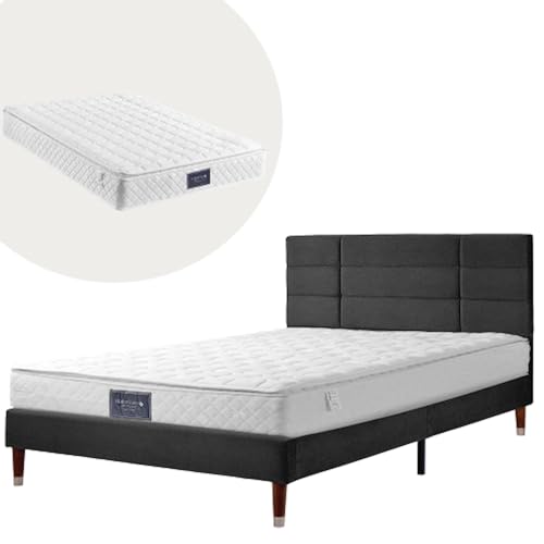 LUNEX HOME Bett aus Massivholz und Leinen, 140 x 200 cm, mit Lattenrost, Plattform für großes Bett (Matratze inklusive, schwarz) von LUNEX HOME
