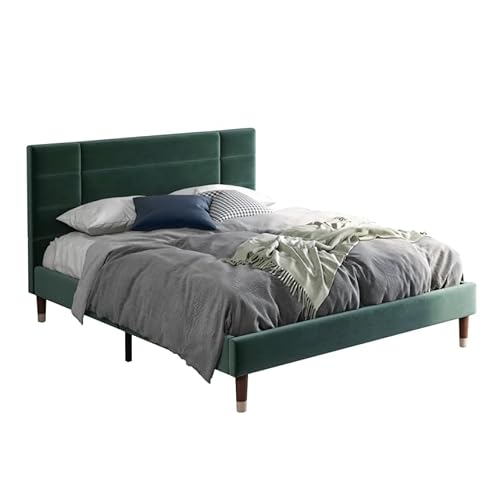 LUNEX HOME Bett aus Massivholz und Leinen, 140 x 200 cm, mit Lattenrost, Plattform für großes Bett (Matratze nicht im Lieferumfang enthalten, Grün) von LUNEX HOME