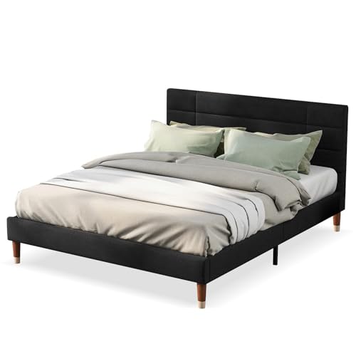 LUNEX HOME Bett aus Massivholz und Leinen, 140 x 200 cm, mit Lattenrost, Plattform für großes Bett (Matratze nicht im Lieferumfang enthalten, schwarz) von LUNEX HOME