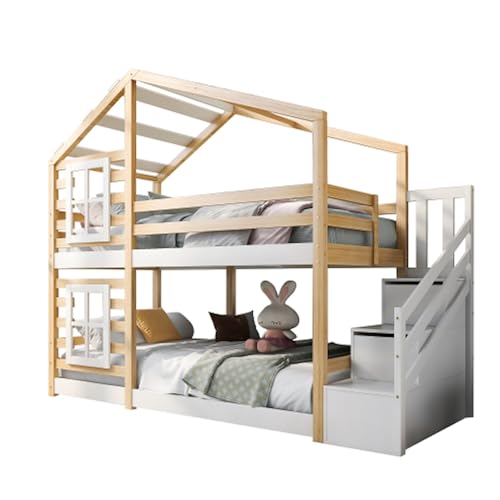 LUNEX HOME Etagenbett für Doppelbett, 90 x 200 cm, Hüttenform mit Schublade, 2 Lattenroste und Fallschutz, Natur & Weiß von LUNEX HOME