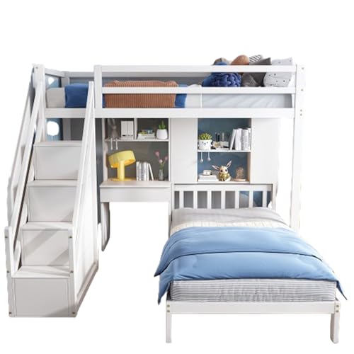 LUNEX HOME Etagenbett für Doppelbett, 90 x 200 cm, mit Schublade, Schreibtisch und Fallschutz, Weiß von LUNEX HOME
