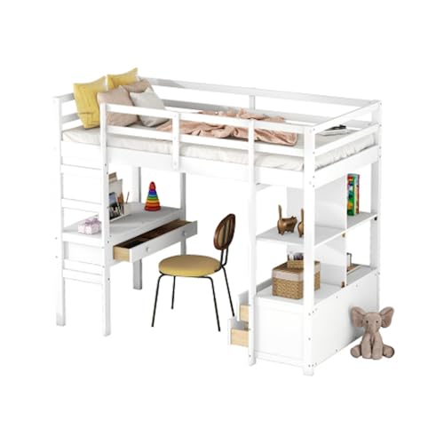 LUNEX HOME Hochbett 90/140 x 200 cm mit Schubladen, Schreibtisch unter dem Bett und Fallschutz, Weiß (Weiß, 90 x 200 cm) von LUNEX HOME