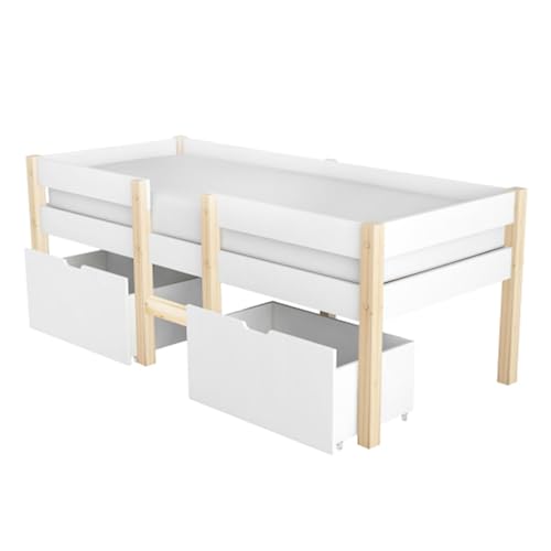 LUNEX HOME Holzbett für Kinder, Weiß, mit Stauraum und Sicherheitsbarriere, 90 x 190/200 cm (mit Schublade, 90 x 200 cm) von LUNEX HOME