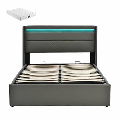 LUNEX HOME LED-Bett mit Fernbedienung und viel Stauraum, grau (Matratze inklusive, 140 x 200 cm) von LUNEX HOME