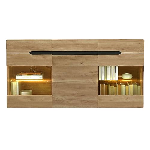 LUNEX HOME Sideboard mit Glastüren, 3 Schubladen und LED-Beleuchtung, für Wohnzimmer, Esszimmer, Küche oder Schlafzimmer, Farbe Natur von LUNEX HOME