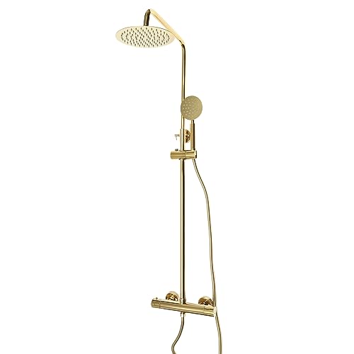 LUNICASHA Duschsystem Gold, Duscharmatur Set mit Thermostat, Retro Gold Duschset, Regendusche Duschsystem mit Handbrause, Brausegarnitur Dusche, Höhenverstellbar 70~110cm von LUNICASHA