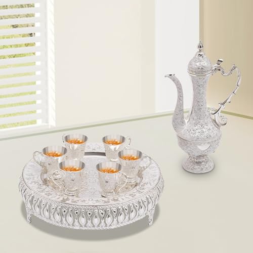 LUNICASHA Vintage Türkische Kaffeekanne Set, Türkisches Teeset mit Tablett und 6 Teegläser, Türkische Teegläser Set, Türkische Teekanne Ornament für Home Tea Party, Silber von LUNICASHA