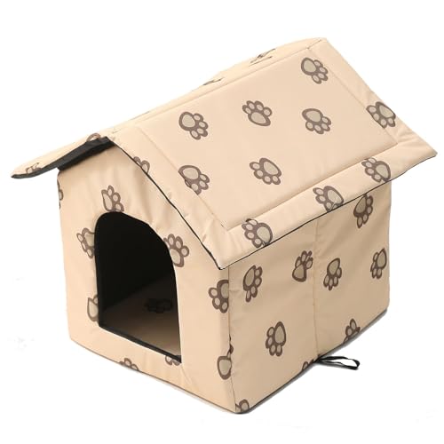 Katzenhaus Outdoor, Katzenhöhle für Draußen, Katzenhaus Für Draußen Winterfest Wasserdicht, Welpenhütte im Freien, Mit abnehmbarem Transparentem Vorhang (L, Beige) von LUNNTE