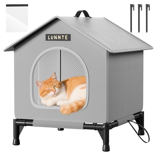 Katzenhaus mit Erhöhten Design, Wasserdicht Katzenhaus für Draußen, Warm Hundehöhle mit Türvorhang, Waschbar Hundehaus Tierheim Für Streuner Haustiere (Grau, M) von LUNNTE