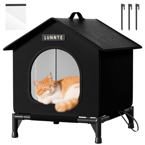 Katzenhaus mit Erhöhten Design, Wasserdicht Katzenhaus für Draußen, Warm Hundehöhle mit Türvorhang, Waschbar Hundehaus Tierheim Für Streuner Haustiere (Schwarz, M) von LUNNTE