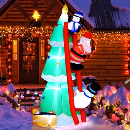 210cm Aufblasbare Weihnachtsdeko Aussen mit LED Beleuchtung,XXL Aufblasbarer Weihnachtsbaum mit Süßem Pinguin, Weihnachtsmann, Schneemann und Kleiner Maus von LUNSY