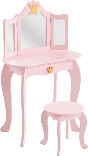 LUNSY 2-in-1-Prinzessin-Schminktisch für Kinder – Schminktisch mit Spiegel, Hocker, dreifach klappbarem Spiegel und Schublade – Holz-Schminktisch zum Spielen für Kleinkinder von LUNSY