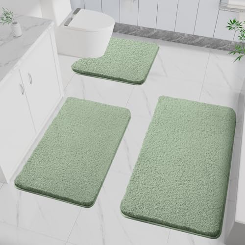 LUOJINYI 3 Stück Badematte rutschfest, Weich Wasserabsorbierende, Shaggy Hochflor-Mikrofasermatte für das Badezimmer, Badvorleger Maschinenwaschbar für Badewanne, Dusche und Badezimmer (Grün) von LUOJINYI