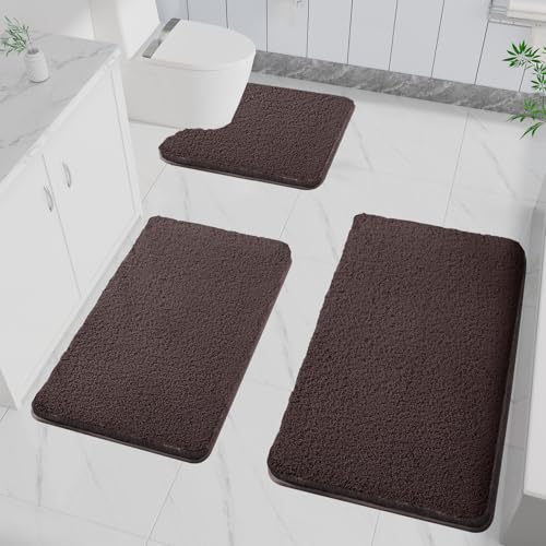 LUOJINYI 3 Stück Badematte rutschfest, Weich Wasserabsorbierende, Shaggy Hochflor-Mikrofasermatte für das Badezimmer, Badvorleger Maschinenwaschbar für Badewanne, Dusche und Badezimmer (Kaffee) von LUOJINYI