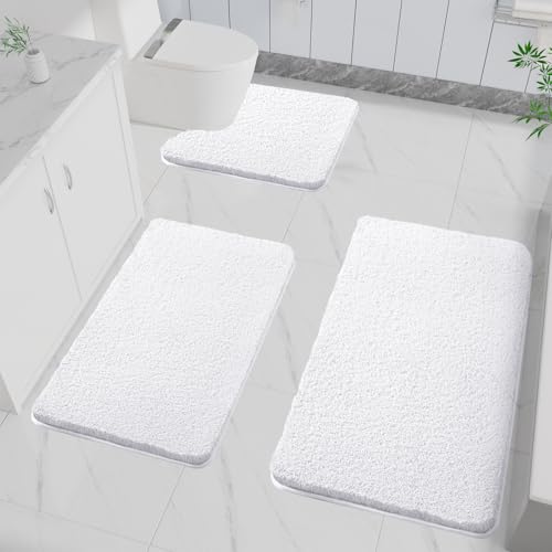 LUOJINYI 3 Stück Badematte rutschfest, Weich Wasserabsorbierende, Shaggy Hochflor-Mikrofasermatte für das Badezimmer, Badvorleger Maschinenwaschbar für Badewanne, Dusche und Badezimmer (Weiß) von LUOJINYI