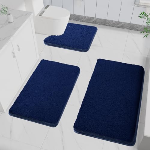 LUOJINYI 3 Stück Badematte rutschfest, Weich Wasserabsorbierende, Shaggy Hochflor-Mikrofasermatte für das Badezimmer, Badvorleger Maschinenwaschbar für Badewanne, Dusche und Badezimmer (Marinefarben) von LUOJINYI