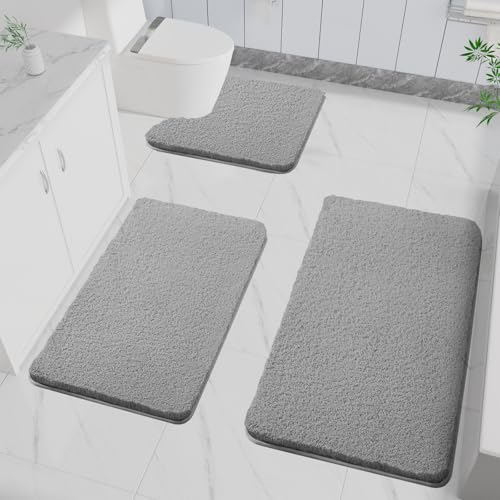 LUOJINYI 3 Stück Badematte rutschfest, Weich Wasserabsorbierende, Shaggy Hochflor-Mikrofasermatte für das Badezimmer, Badvorleger Maschinenwaschbar für Badewanne, Dusche und Badezimmer (Dunkelgrau) von LUOJINYI