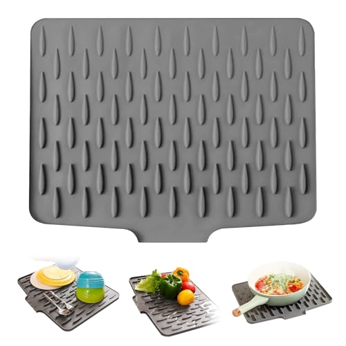 Abtropfmatte Geschirr, 40x32cm Auslaufsicherer Arbeitsplattenschutz aus Hitzebeständigem, Rutschfestem Silikon, Faltbare Abtropfmatte mit Rillenstruktur für Arbeitsplatten, Spülbecken (Dunkelgrau) von LUOJINYI