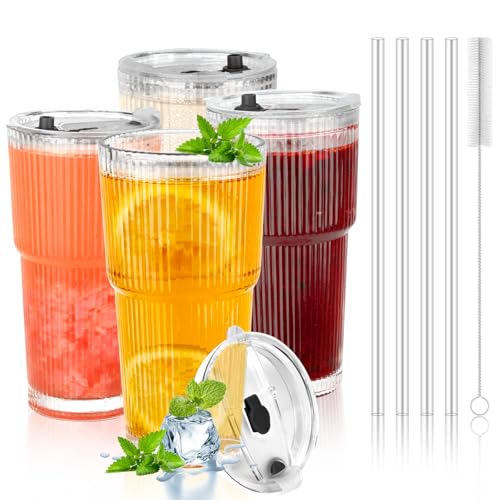 LUOJINYI Glasbecher mit Deckel und Strohhalm, 600ML Glas mit Deckel und Strohhalm, Trinkbecher mit Deckel und Strohhalm (600ML-4 Stück) von LUOJINYI