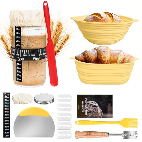 LUOJINYI Sauerteig Starter Set, 16 Stück Brot Backen Zubehör, Brotbackset Einschließlich 2 Gärkorb Aus Silikon, Sauerteig Glas, Schaber, Brotschneidemesser, Bürste, Brotkonturierungsmesser usw. von LUOJINYI