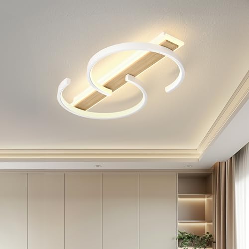 LUOLONG LED Deckenleuchte Dimmbar Deckenlampe Holz Wohnzimmerlampe 35w Mit Fernbedienung 2-Ringen Kreis Bambus Deckenleuchte Weiß Schlafzimmerlampe Arbeitzimmer Büro Modern LED Deckenbeleuchtung-40cm von LUOLONG