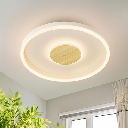 LUOLONG LED Deckenleuchte Holz Rund Deckenlampe 50cm 45W Dimmbar Schlafzimmerlampe 3000-6000K Weiß Deckenleuchte LED Holz wohnzimmerlampe kinderzimmer Studie Holz Deckenleuchten mit Fernbedienung von LUOLONG