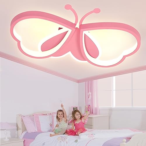 LUOLONG LED Kinder Deckenlampe Schmetterling Deckenlampe Dimmbar Acryl Deckenleuchte Kinderzimmer Kreative Deckenlampe Mädchenzimmer Schlafzimmer Cartoon Deckenleuchte-rosa 82cm von LUOLONG