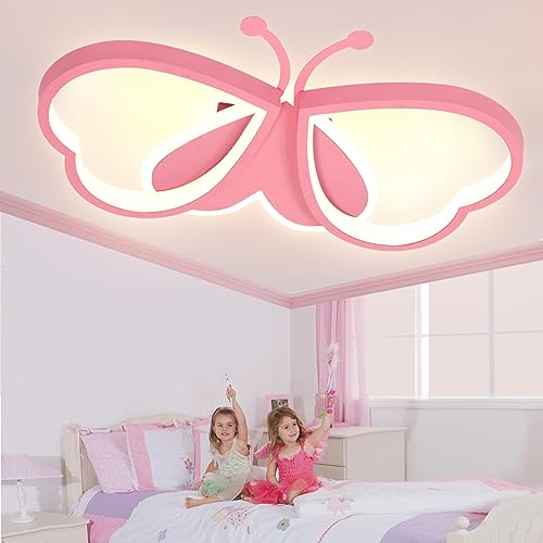 LUOLONG LED Kinder Deckenlampe Schmetterling Deckenlampe Dimmbar Acryl Deckenleuchte Kinderzimmer Kreative Deckenlampe Mädchenzimmer Schlafzimmer Cartoon Deckenleuchte-rosa 92cm von LUOLONG