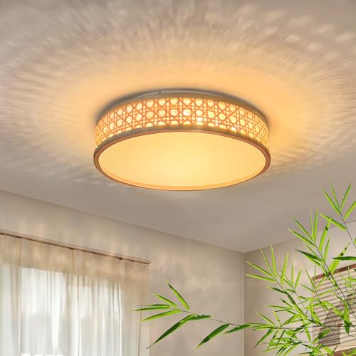 LUOLONG Led Deckenleuchte Bambus Deckenlampe Rund 45w Holz Deckenleuchte 50cm Vintage Bambus Rattan Schlafzimmerlampe Dimmbar 3000-6000K Handgewebte Bambus Lampe Korridor Wohnzimmer Esszimmer von LUOLONG