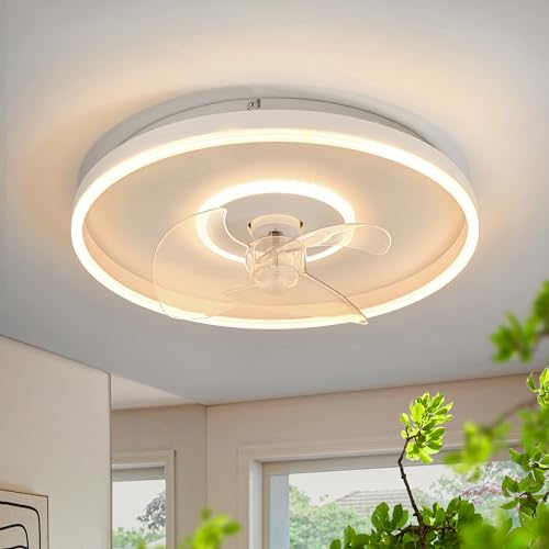 LUOLONG Led Deckenventilator Mit Beleuchtung 50cm Weiß Dimmbar Deckenlampe Mit Ventilator Schlafzimmer 55W Modern Rund Leise Deckenventilator Wohnzimmer Ventilator Lampe Deckenleuchte Mit Ventilator von LUOLONG