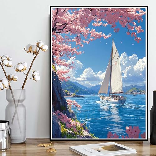 Diamond Painting Boot Diamond Painting XXL 90x120cm, 5D Crystal Art Kirschblüten Muster DIY Runden Steine Vollbohrer Mosaik Bastelset Erwachsene für Zimmer Deko Wohnzimmer, Geschenke -ly250825N von LUOLYYEI