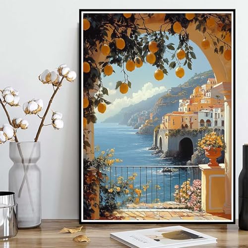 Diamond Painting Häuser Diamond Painting XXL 90×120cm, 5D Crystal Art Landschaft Muster DIY Runden Steine Vollbohrer Mosaik Bastelset Erwachsene für Zimmer Deko Wohnzimmer, Geschenke -ly25082XL von LUOLYYEI