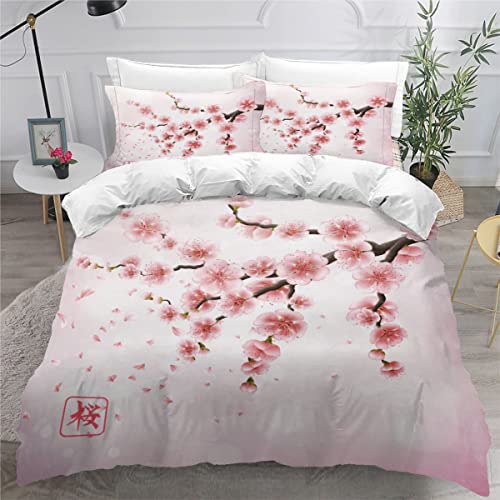 3D Japanische Kirschblüten Bettwäsche Sets 200x200 3teilig Mikrofaser Rosa Pflanze Karikatur Bettbezug mit Reißverschluss Teenager Jungen Mädchen Schlafkomfort Betten Set mit 2 Kissenbezüge 80x80 von LUORU