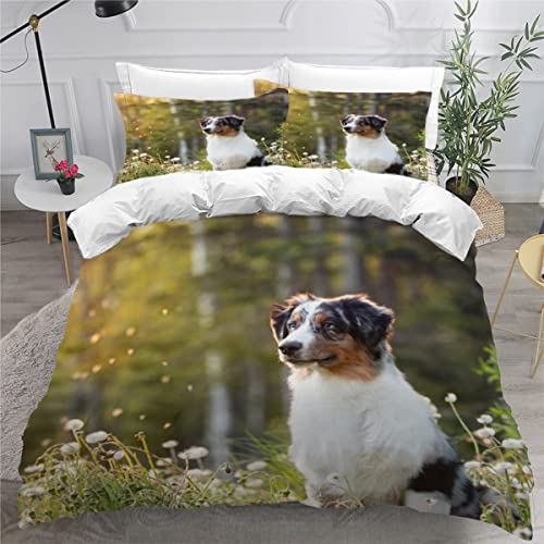 Bettwäsche 135x200 Kinder Bettwäsche Set Australian Shepherd, Sonnenuntergang mit Blumen Bettbezug Teenager Mädchen Junge Flauschige Betten Set 3 Stück, 2 Kissenbezug 80 x80 cm von LUORU