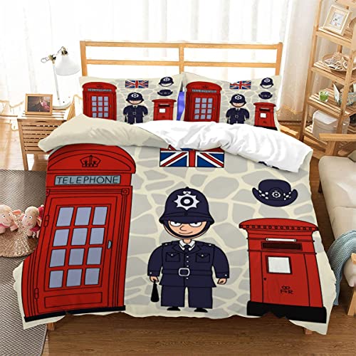 LUORU Cartoon-London-Polizei Bettwäsche 135x200cm Stadtansicht Bettwäsche Set Kinder Jungen Jugendliche Mädchen Bettbezug Set Reißverschluss Flauschige,Kissenbezug 80x80cm von LUORU