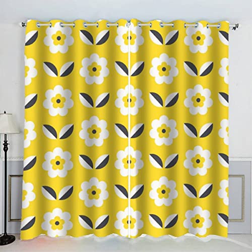 LUORU 3D Blumen Vorhänge Abdunkelnd mit ösen 110x95 cm Polyester Scheibengardinen Gelb Karikatur Komisch Gardinen Blickdicht 2er Set Schallschutz Vorhang für Kinderzimmer Wohnzimmer Schlafzimmer von LUORU