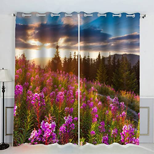 LUORU 3D Herbstlandschaft Vorhänge Abdunkelnd mit ösen 110x95 cm Polyester Scheibengardinen Blumen Rosa Wald Gardinen Blickdicht 2er Set Schallschutz Vorhang für Kinderzimmer Wohnzimmer Schlafzimmer von LUORU