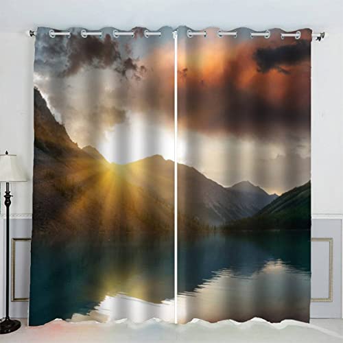 LUORU 3D Landschaft Vorhänge Abdunkelnd ösen 200x160 Polyester Scheibengardinen Berge See Sonnenuntergang Gardinen Blickdicht 2er Set Schallschutz Vorhang Kinderzimmer Wohnzimmer Schlafzimmer von LUORU