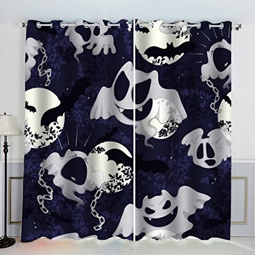 LUORU 3D Mond Gespenst Vorhänge Abdunkelnd mit ösen 150x166 cm Polyester Scheibengardinen Halloween Gardinen Blickdicht 2er Set Schallschutz Vorhang für Kinderzimmer Wohnzimmer Schlafzimmer von LUORU