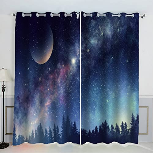 LUORU 3D Mond Sternenhimmel Vorhänge Abdunkelnd mit ösen 140x160 cm Polyester Scheibengardinen Wald Gardinen Blickdicht 2er Set Schallschutz Vorhang für Kinderzimmer Wohnzimmer Schlafzimmer von LUORU