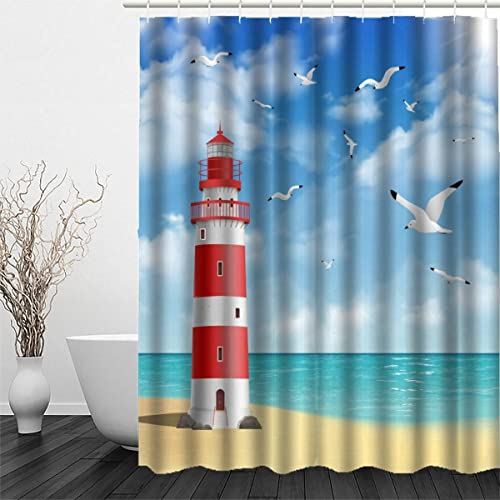 LUORU 3D Ozean Duschvorhang Anti-Schimmel Wasserdicht Duschvorhänge 180x200 cm Strand Leuchtturm Shower Curtain 100% Polyester Stoff Anti-Bakteriell Badvorhang mit 12 Hooks für Badezimmer Badewanne von LUORU