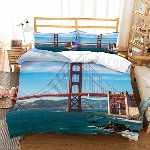 LUORU Golden-Gate-BrüCke Von San Francisco Bettwäsche 135x200cm Der Blick Auf Die Stadt Bettwäsche Set Kinder Jungen Jugendliche Mädchen Bettbezug Set Reißverschluss Flauschige,Kissenbezug 80x80cm von LUORU