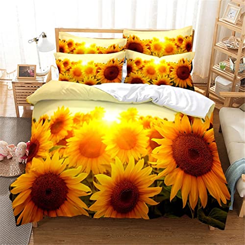 LUOWAN 3 Reißverschluss Bettbezug Sets Mode Bettwäsche Set Druck 3D Bettlaken Full 200 x 200 cm Sonnenuntergang Sonnenblumen Landschaft Bettwäsche Bettlaken Queen King Size Qulit Covers von LUOWAN