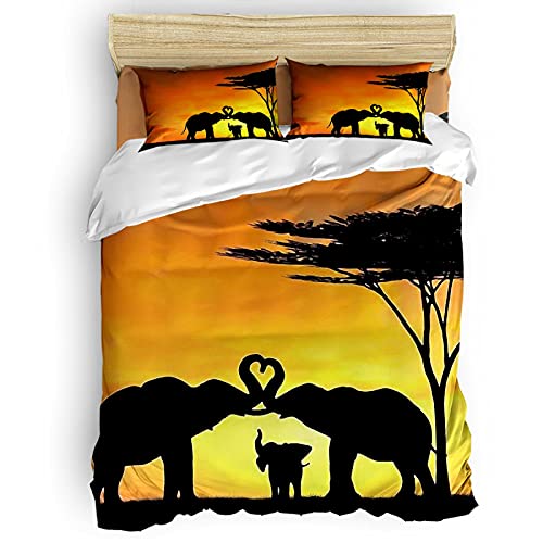 LUOWAN 4 Reißverschluss Bettwäscheset Laken Bettwäsche Twin Size Bettbezug 3D Single 135 x 200 cm Afrika Elefant Sonnenuntergang Set Für Bettbezug Kopfkissenbezug Für Zuhause von LUOWAN