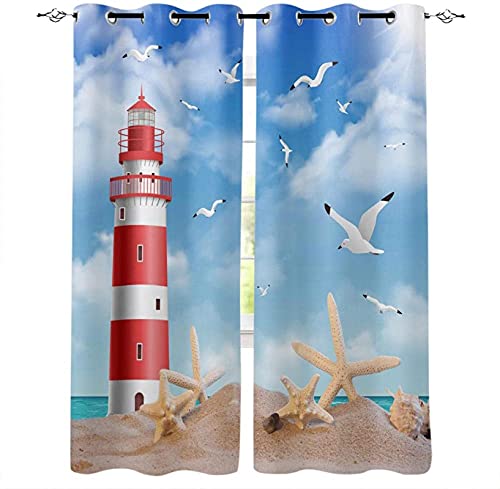 LUOWAN Blickdicht Vorhang Gardine Schlafzimmer Wohnzimmer Küche Kinderzimmer 3D Digitaldruck Ösen Gardinen - 160x115 cm - Strand Leuchtturm Möwen Meer - Für Wohnzimmer und Schlafzimmer Junge mit Mädch von LUOWAN