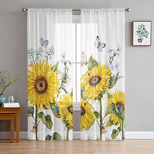 LUOWAN Fenster Vorhänge Halbtransparent 2 Panel 35% Verdunkelungsvorhang Gesamtgröße 140x100 CM Weiß Gold Sonnenblume Schmetterling Home Dekorative Vorhänge Für Küche Schlafzimmer Wohnzimmer Fenster S von LUOWAN