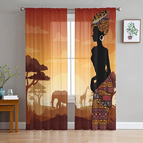 LUOWAN Fenster Vorhänge Halbtransparent 2 Panel 35% Verdunkelungsvorhang Gesamtgröße 234x138 CM Braun Afrika Menschen Tiere Home Dekorative Vorhänge Für Küche Schlafzimmer Wohnzimmer Fenster Schlafzim von LUOWAN