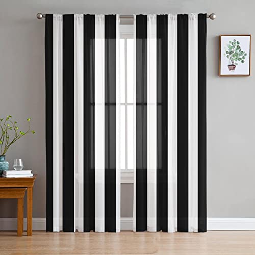 LUOWAN Halbtransparent Gardinen 2 Panel 35% Verdunkelungsvorhang Gesamtgröße 183x160 CM Weiß Schwarz Minimalistisch Gestreift Home Dekorative Vorhänge Für Küche Schlafzimmer Wohnzimmer Fenster Schlafz von LUOWAN