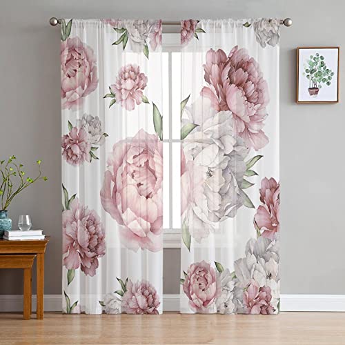 LUOWAN Halbtransparent Gardinen 2 Panel 35% Verdunkelungsvorhang Gesamtgröße 200x214 CM Rosa Kunst Pflanzen Blumen Home Dekorative Vorhänge Für Küche Schlafzimmer Wohnzimmer Fenster Schlafzimmer Bauer von LUOWAN